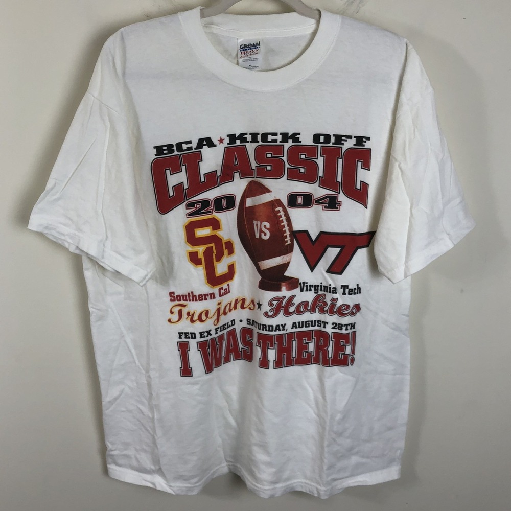 Vtg USC Trojans v Virginia Tech Hokies 2004 Football T-Shirt Mens XL White NCAA